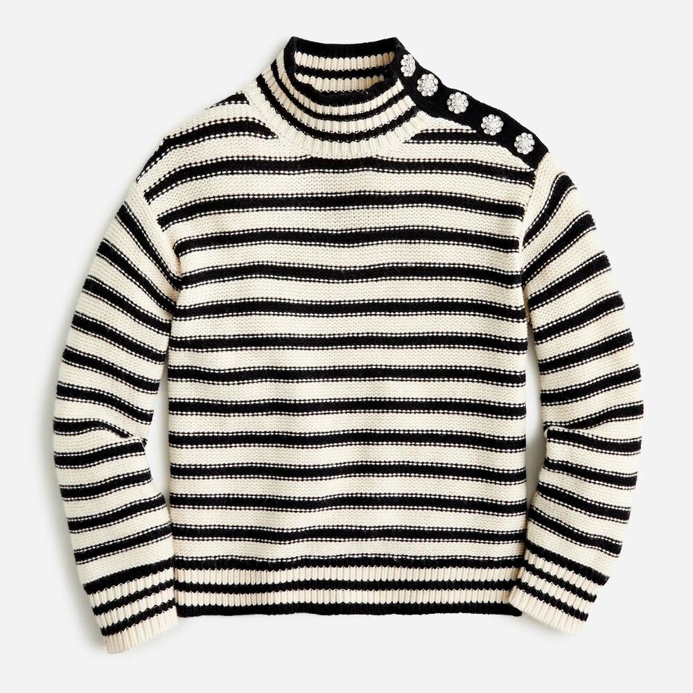 J. Crew Cable-knit mockneck pullover in stripe with jewel buttons S
